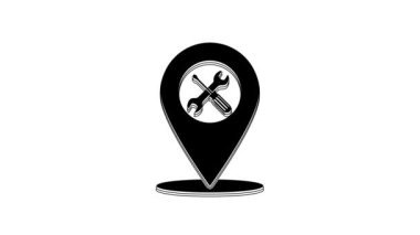 Black Location with crossed screwdriver and wrench tools icon isolated on white background. Pointer settings symbol. 4K Video motion graphic animation.