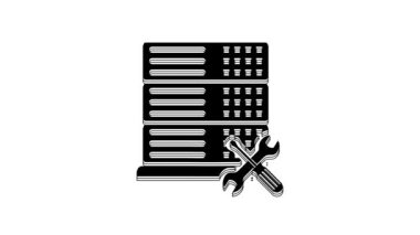Black Database server with screwdriver and wrench icon isolated on white background. Adjusting, service, setting, maintenance, repair, fixing. 4K Video motion graphic animation.