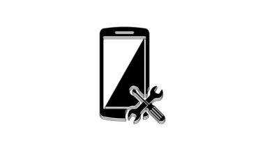 Beyaz arkaplanda siyah akıllı telefon, tornavida ve ingiliz anahtarı simgesi var. Ayarlama, servis, ayar, bakım, onarım, onarım. 4K Video hareketli grafik canlandırması.