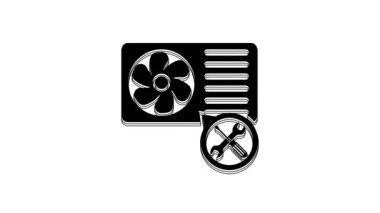 Black Air conditioner with screwdriver and wrench icon isolated on white background. Adjusting, service, setting, maintenance, repair, fixing. 4K Video motion graphic animation.