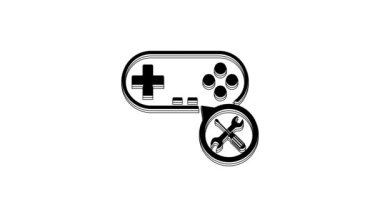 Black Gamepad with screwdriver and wrench icon isolated on white background. Adjusting, service, setting, maintenance, repair, fixing. 4K Video motion graphic animation.