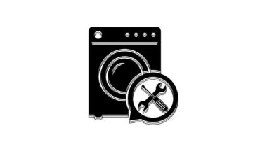 Black Washer with screwdriver and wrench icon isolated on white background. Adjusting, service, setting, maintenance, repair, fixing. 4K Video motion graphic animation.