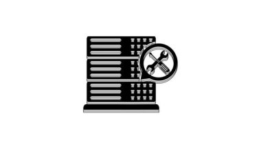 Black Database server with screwdriver and wrench icon isolated on white background. Adjusting, service, setting, maintenance, repair, fixing. 4K Video motion graphic animation.