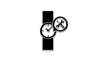 Black Wrist watch with screwdriver and wrench icon isolated on white background. Adjusting, service, setting, maintenance, repair, fixing. 4K Video motion graphic animation.