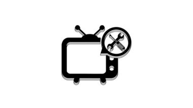 Black Tv with screwdriver and wrench icon isolated on white background. Adjusting, service, setting, maintenance, repair, fixing. 4K Video motion graphic animation.