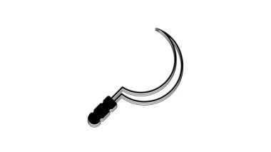 Siyah Orak simgesi beyaz arkaplanda izole edildi. Kanca işaretini topluyorum. 4K Video hareketli grafik canlandırması.