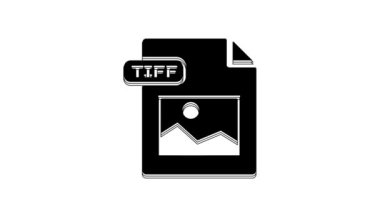 Siyah TIFF dosya dökümanı. Beyaz arkaplanda tiff düğmesi simgesi indir. TIFF dosya sembolü. 4K Video hareketli grafik canlandırması.