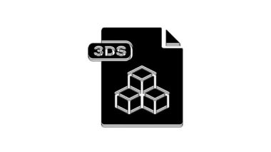 Siyah 3DS dosya dökümanı. Beyaz arkaplanda 3ds düğmesi simgesi indir. 3DS dosya sembolü. 4K Video hareketli grafik canlandırması.