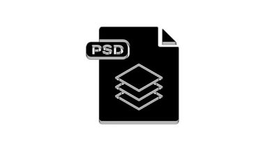 Siyah PSD dosya belgesi. Beyaz arkaplanda psd simgesi indir. PSD dosya sembolü. 4K Video hareketli grafik canlandırması.
