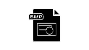 Siyah BMP dosya dökümanı. Beyaz arkaplanda bmp düğmesi simgesi indir. BMP dosya sembolü. 4K Video hareketli grafik canlandırması.