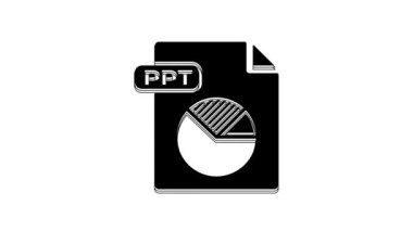 Siyah PPT dosya belgesi. ppt düğmesi simgesi beyaz arkaplanda izole edildi. PPT dosya sunumu. 4K Video hareketli grafik canlandırması.