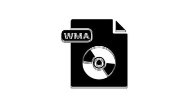 Black WMA dosya dökümanı. Beyaz arkaplanda wma düğmesi simgesi indir. WMA dosya sembolü. Wma müzik format işareti. 4K Video hareketli grafik canlandırması.