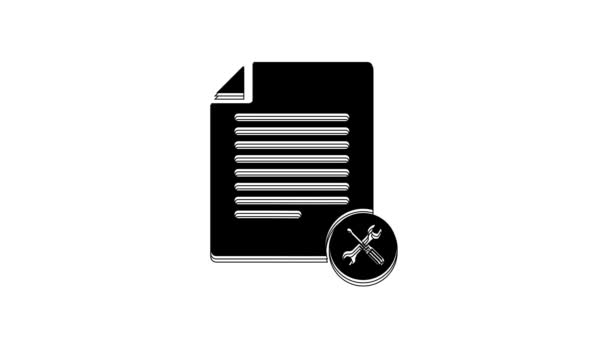Schwarzes Dateidokument Mit Schraubenzieher Und Schraubenschlüssel Symbol Auf Weißem Hintergrund — Stockvideo
