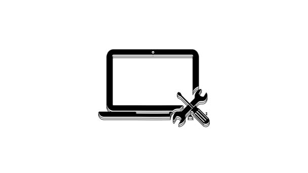 黑色笔记本电脑与螺丝刀和扳手图标隔离在白色背景 4K视频运动图形动画 — 图库视频影像