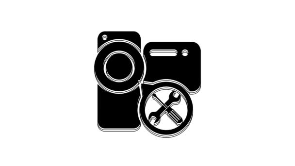 Zwarte Videocamera Met Schroevendraaier Moersleutel Pictogram Geïsoleerd Witte Achtergrond Aanpassen — Stockvideo
