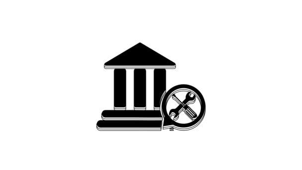 Zwarte Bank Gebouw Met Schroevendraaier Moersleutel Pictogram Geïsoleerd Witte Achtergrond — Stockvideo