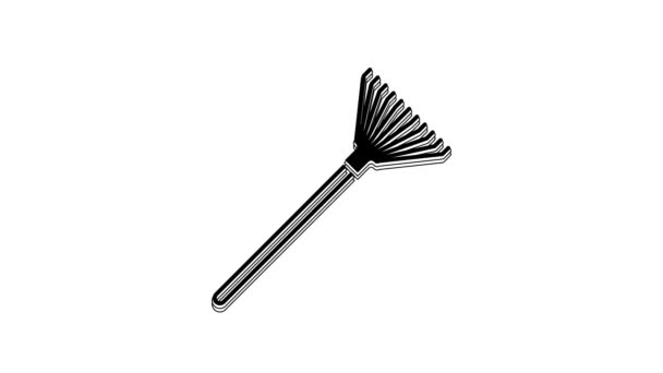 Black Garden Rake Leaves Icon Isolated White Background Tool Horticulture — Wideo stockowe