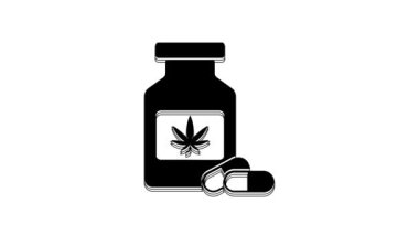 Black Medical bottle with marijuana or cannabis leaf icon isolated on white background. Mock up of cannabis oil extracts in jars. 4K Video motion graphic animation.