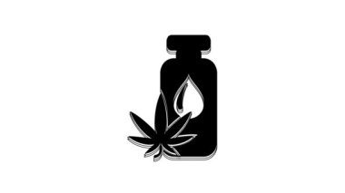 Black Medical marijuana or cannabis leaf olive oil drop icon isolated on white background. Cannabis extract. Hemp symbol. 4K Video motion graphic animation.