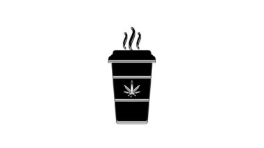 Black Cup coffee with marijuana or cannabis leaf icon isolated on white background. Marijuana legalization. Hemp symbol. 4K Video motion graphic animation.