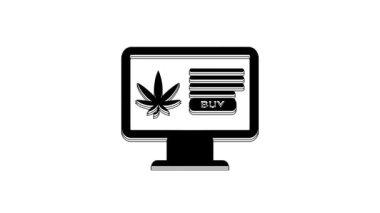 Siyah bilgisayar monitörü ve tıbbi marihuana ya da kenevir yaprağı ikonu beyaz arka planda izole edilmiş. İnternetten satın alma sembolü. Süpermarket sepeti. 4K Video hareketli grafik canlandırması.