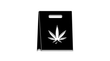 Siyah alışveriş poşeti, beyaz arka planda izole edilmiş tıbbi marihuana veya kenevir yaprağı ikonu. Kenevir almak. Kenevir sembolü. 4K Video hareketli grafik canlandırması.