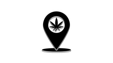 Black Map pointer and marijuana or cannabis leaf icon isolated on white background. Hemp symbol. 4K Video motion graphic animation.