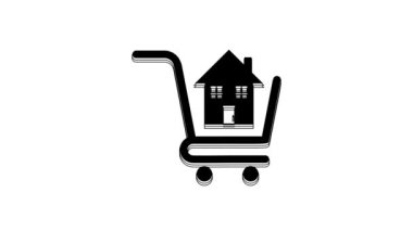Black Shopping cart with house icon isolated on white background. Buy house concept. Home loan concept, rent, buying a property. 4K Video motion graphic animation.