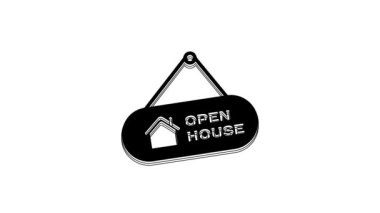 Black Hanging sign with text Open house icon isolated on white background. Signboard with text Open house. 4K Video motion graphic animation.