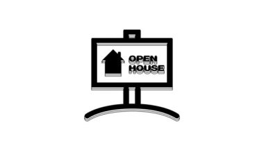 Black Hanging sign with text Open house icon isolated on white background. Signboard with text Open house. 4K Video motion graphic animation.