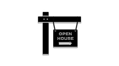 Black Hanging sign with text Open house icon isolated on white background. Signboard with text Open house. 4K Video motion graphic animation.