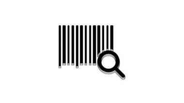 Black Search barcode icon isolated on white background. Magnifying glass searching barcode. Barcode label sticker. Research barcode. 4K Video motion graphic animation.