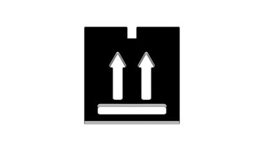 Beyaz zemin üzerinde trafik sembolü simgesi olan siyah karton kutu. Kutu, paket, paket işareti. Teslimat, ulaşım ve nakliye. 4K Video hareketli grafik canlandırması.