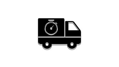 Black Logistics delivery truck and stopwatch icon isolated on white background. Delivery time icon. 4K Video motion graphic animation.