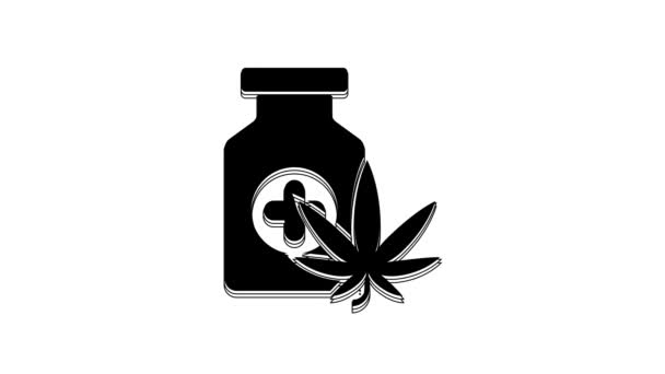 白い背景に隔離されたマリファナや大麻の葉のアイコンを持つブラックメディカルボトル 瓶の中の大麻油抽出物のモックアップ 4Kビデオモーショングラフィックアニメーション — ストック動画