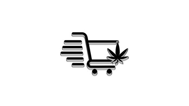 Black Shopping Vagn Med Marijuana Eller Cannabis Blad Ikon Isolerad — Stockvideo