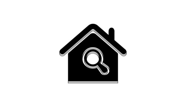 黑色搜索屋图标孤立在白色背景 在放大镜下房子的房地产标志 4K视频运动图形动画 — 图库视频影像