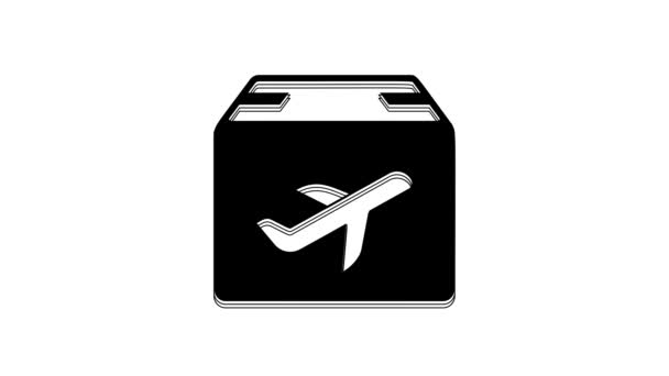 Μαύρο Αεροπλάνο Και Χαρτονένιο Κουτί Εικονίδιο Απομονώνονται Λευκό Φόντο Παράδοση — Αρχείο Βίντεο