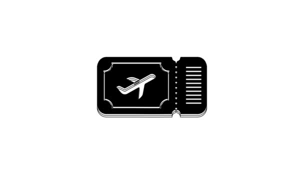 黒の航空券のアイコンは 白い背景に隔離された 飛行機の切符 4Kビデオモーショングラフィックアニメーション — ストック動画