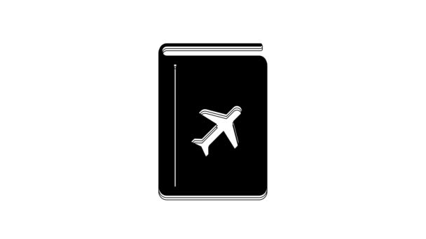 白の背景に隔離されたブラックカバーブック旅行ガイドアイコン 4Kビデオモーショングラフィックアニメーション — ストック動画