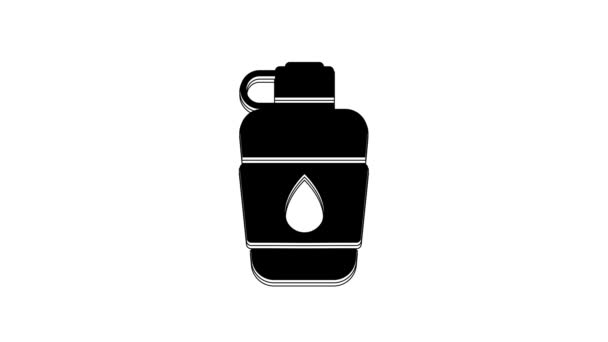 白の背景に隔離された黒のカノテンウォーターボトルアイコン 観光フラスコのアイコン キャンペーンで水の使用のジャー 4Kビデオモーショングラフィックアニメーション — ストック動画