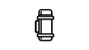Black Thermos container icon isolated on white background. Thermo flask icon. Camping and hiking equipment. 4K Video motion graphic animation.