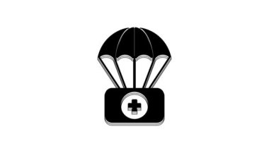 Black Parachute with first aid kit icon isolated on white background. Medical insurance. 4K Video motion graphic animation.