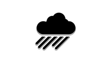 Beyaz arka planda izole edilmiş yağmur ikonu olan siyah bulut. Yağmur damlaları ile yağmur bulutu yağışı. 4K Video hareketli grafik canlandırması.