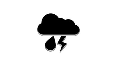 Black Cloud with rain and lightning icon isolated on white background. Rain cloud precipitation with rain drops.Weather icon of storm. 4K Video motion graphic animation.