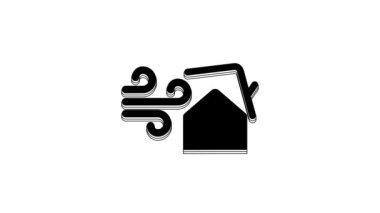 Black Tornado swirl damages house roof icon isolated on white background. Cyclone, whirlwind, storm funnel, hurricane wind icon. 4K Video motion graphic animation.