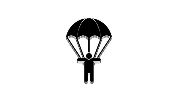 Black Parachute Silhouette Person Icon Isolated White Background Video Motion — Vídeo de stock