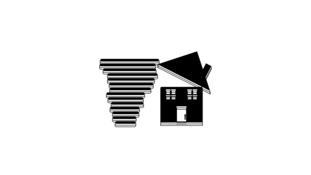 Black Tornado Swirl Damages House Roof Icon Isolated White Background — Stockvideo