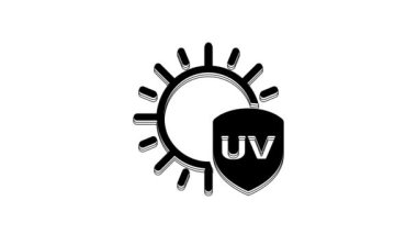 Black UV protection icon isolated on white background. Sun and shield. Ultra violet rays radiation. SPF sun sign. 4K Video motion graphic animation.