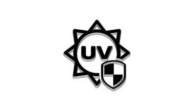Black UV protection icon isolated on white background. Sun and shield. Ultra violet rays radiation. SPF sun sign. 4K Video motion graphic animation.